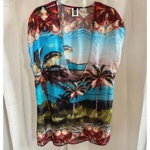 Vtg Becca Rebecca Virtue Top M/L Tropical Sheer Beach Scenic Swim Cover 17793‎